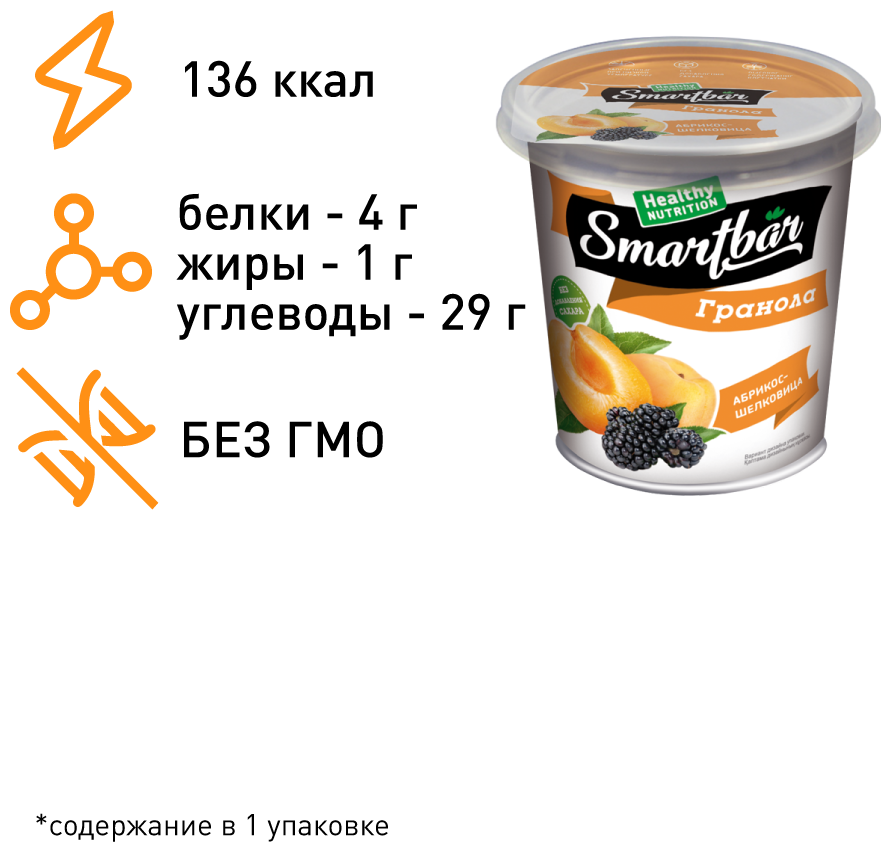 Запеченные завтраки "Гранола с абрикосом и шелковицей" SmartBar 50 г.(6шт) - фотография № 2