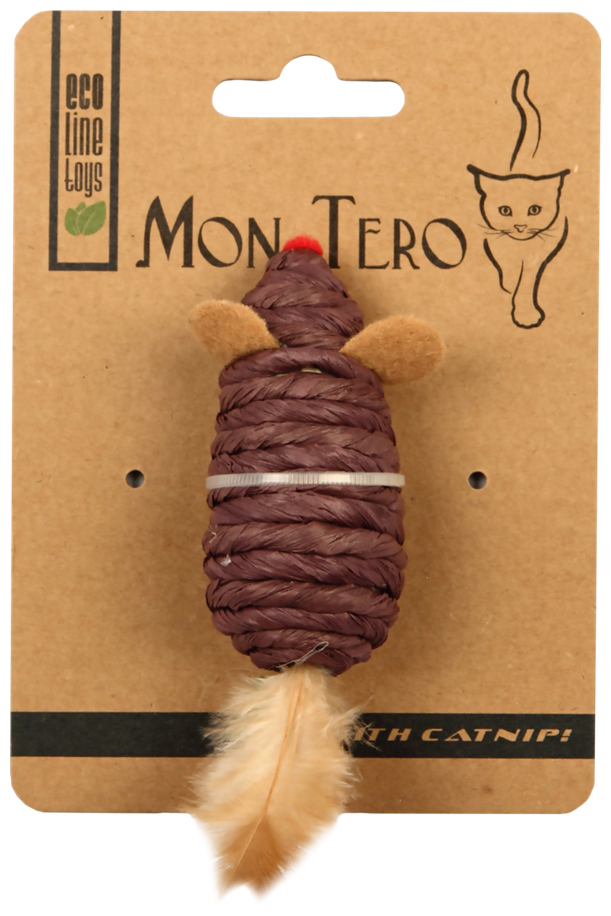 Игрушка для кошек Мон Теро ЭКО мышь с перьями, с кошачьей мятой, фиолетовая 76 см