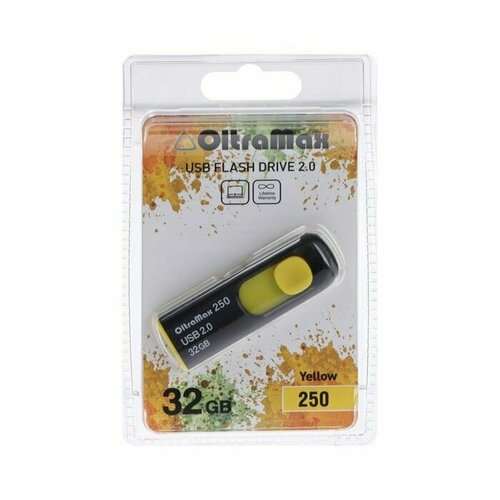 Флешка OltraMax 250, 32 Гб, USB2.0, чт до 15 Мбс, зап до 8 Мбс, жёлтая