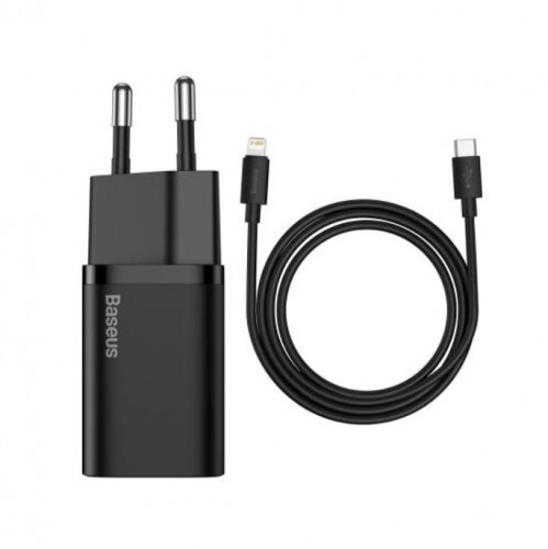 Сетевое зарядное устройство Baseus Super Si Quick Charger USB-C, 20 Вт, EU, с кабелем USB-C - lightning, 1 м, черный