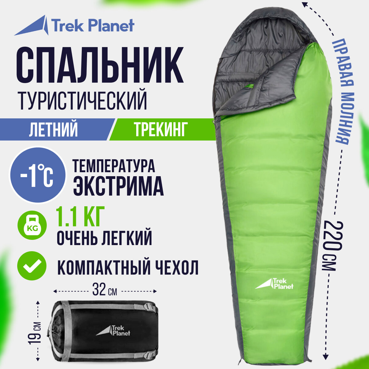 Спальный мешок TREK PLANET Gotland, правая молния, цвет: зеленый, серый