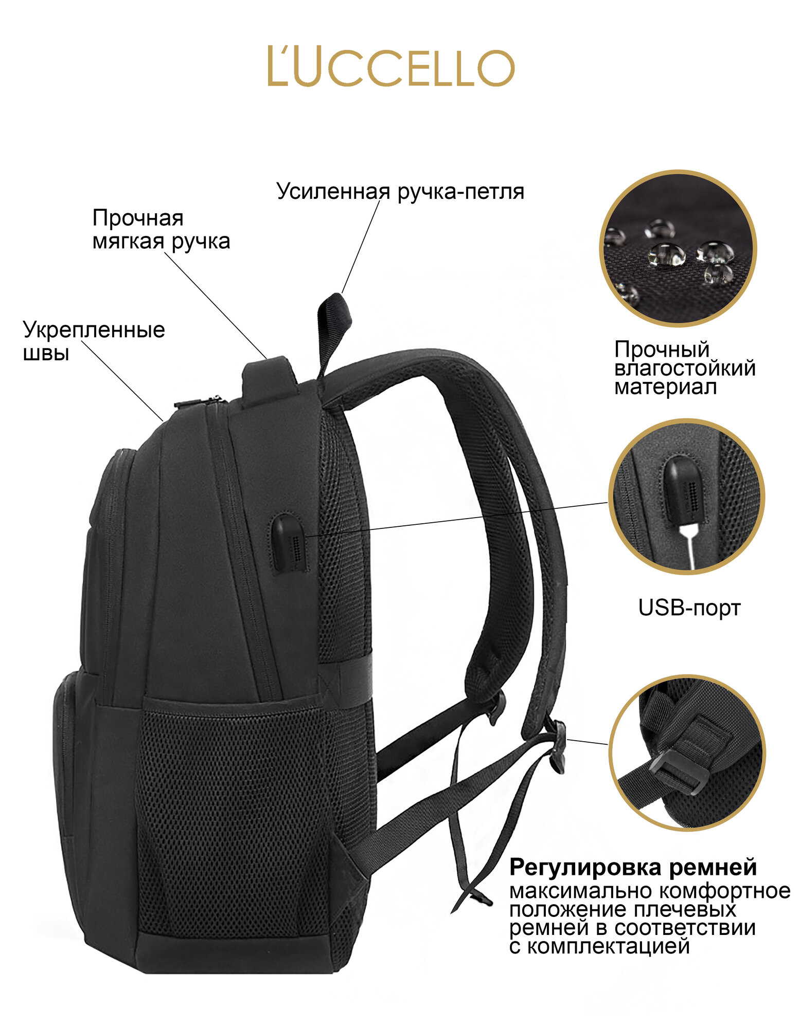 Рюкзак торба L'Uccello, фактура матовая, черный — фото 1