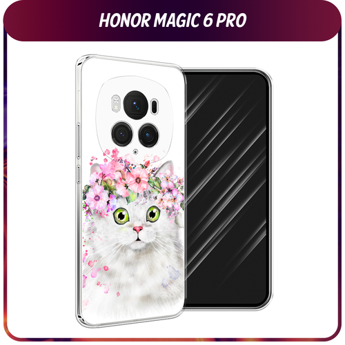 Силиконовый чехол на Honor Magic 6 Pro / Хонор Меджик 6 Про Белая кошка с цветами силиконовый чехол на honor magic 6 pro хонор меджик 6 про прозрачный