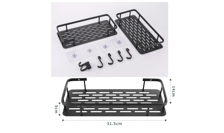 Угловая полка для ванной без сверления и клея, черная, 2 штуки
