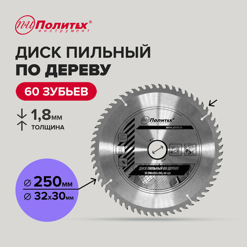 Диск пильный по дереву 250 мм 60 зубьев Политех Инструмент 792₽