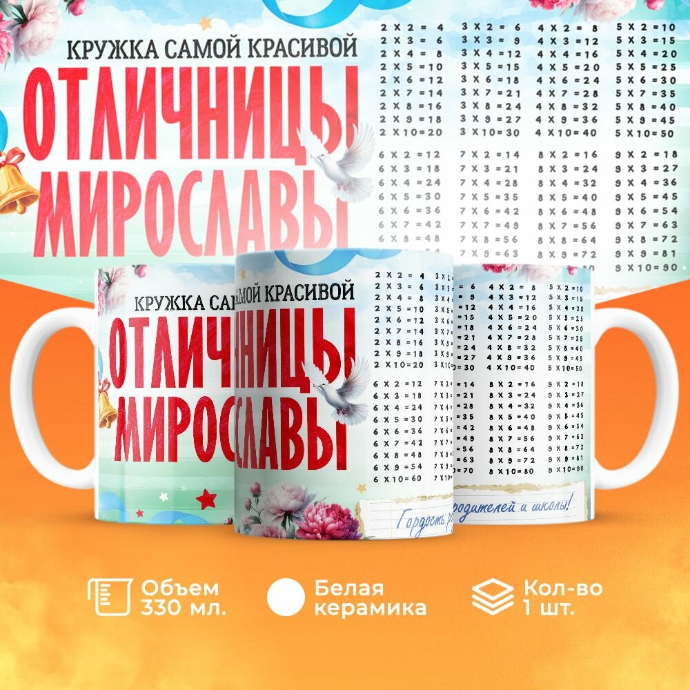 Кружка, "Самой красивой отличницы Мирославы", на день рождения дочки, в подарок для девочки, внучки с таблицей умножения 330 мл