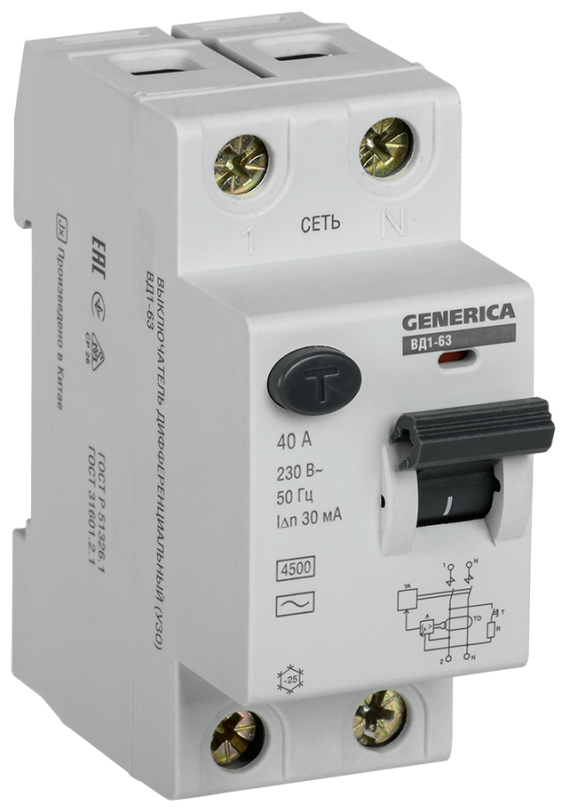 IEK Выключатель дифференциального тока (УЗО) 2п 40А 30мА тип AC ВД1-63 GENERICA ИЭК MDV15-2-040-030