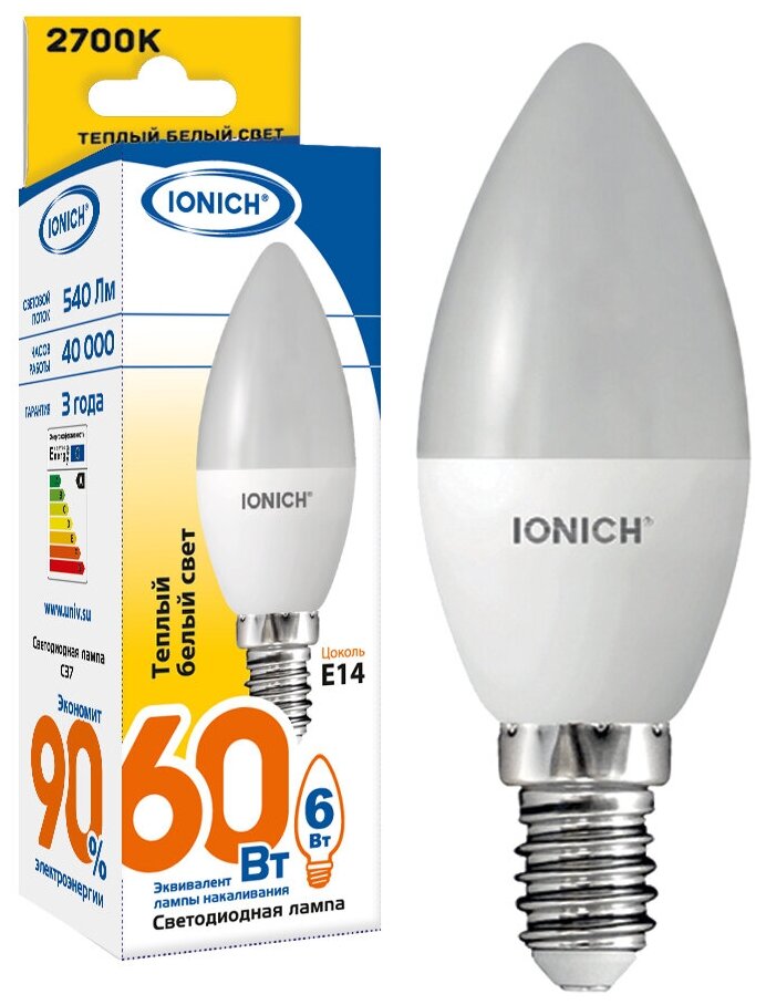 Лампа светодиодная LED свеча 6W E14 540Лм 2700К 220V IONICH (UNIVersal), арт. 1630