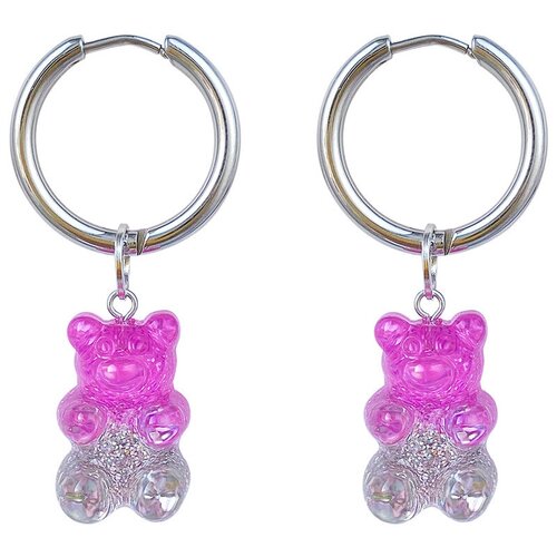 фото Серебристые серьги кольца женские с подвесками сиренево-серебристыми мишками strekoza collection