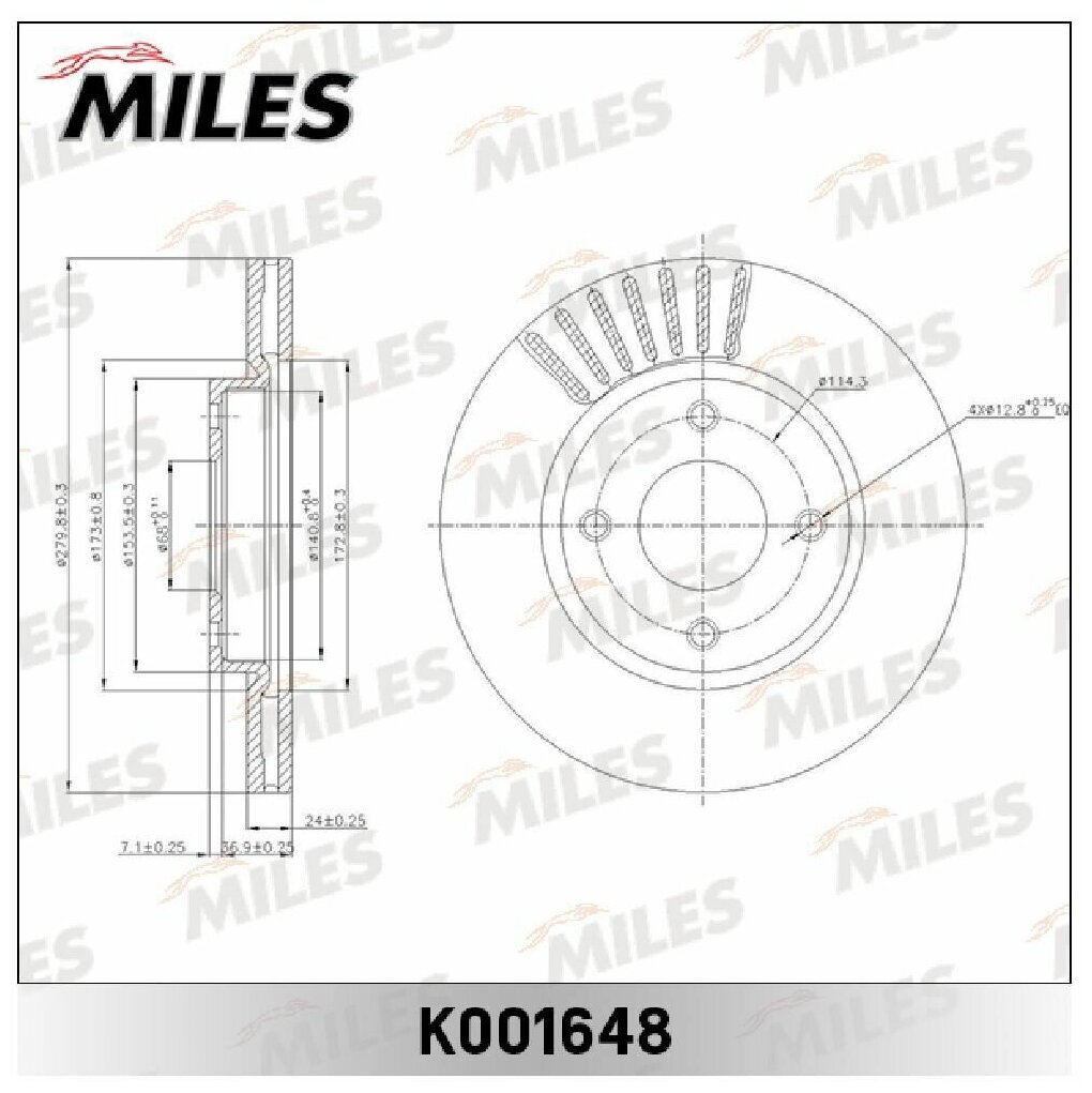 Диск тормозной передний MILES K001648 для а/м Nissan Cube Z12, Tiida C11, 280х24 мм.