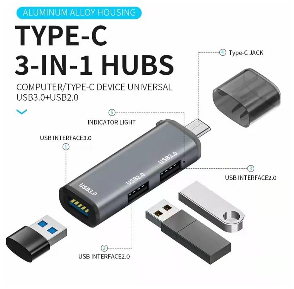Хаб USB Type-C 1 x USB 3.0 + 2 x USB 2.0 | ORIENT CU-327