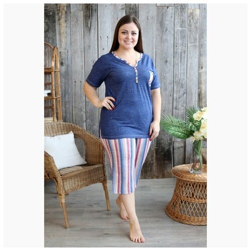 фото Комплект женский домашний (футболка и бриджи), цвет джинс, размер 58 без бренда