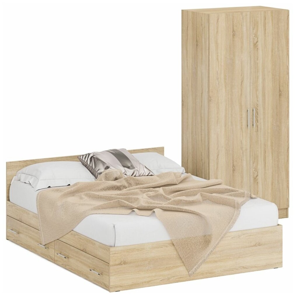 Кровать с ящиками СВК 1600 + Шкаф 2-х створчатый Стандарт Дуб Сонома