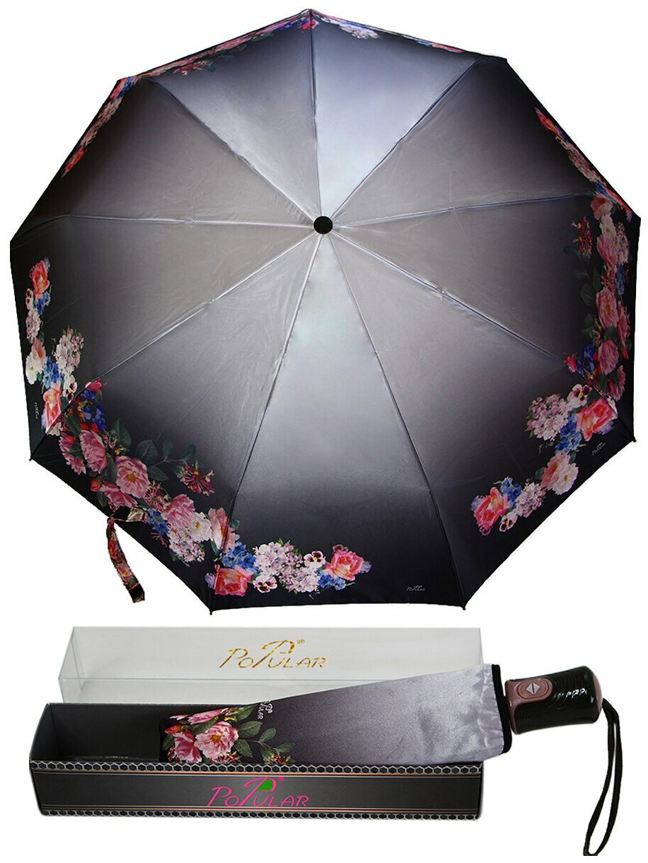 Женский складной зонт Popular umbrella 1290/черный,серый