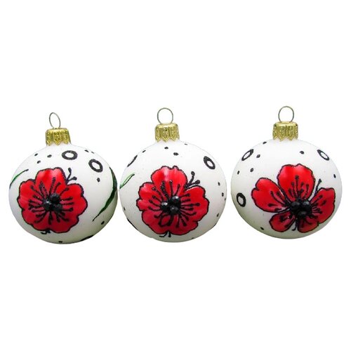 фото Набор елочных шаров irena co маки красные на белом 80338, белый/красный, 6 см, 3 шт.