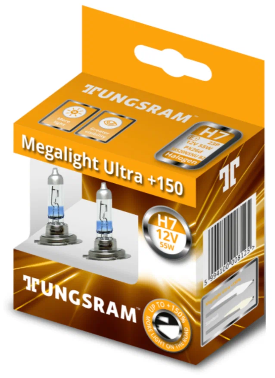 Лампа автомобильная галогенная Tungsram Megalight Ultra +150 58520NXNU H7 12V 55W PX26d 2 шт.