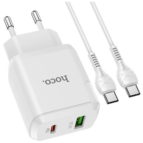 адаптер питания hoco n14 smart charging single port pd20w qc3 0 charger с кабелем type c to lightning usb c 5v max 3a 20вт белый Адаптер питания Hoco N5 Favor dual port PD+QC 3.0 charger с кабелем Type-C to Type-C (USB: 5V max 3.0A/ 20Вт) Белый