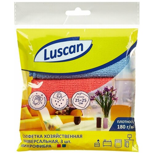 Купить Салфетки хозяйственные Luscan микрофибра 180г 25х25см 3шт/уп син/крас/желт, 4 уп, Luscan Economy, желтый, Бумажные салфетки