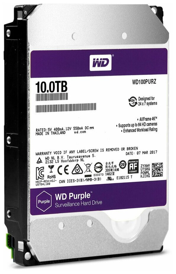 Жесткий диск 3.5" 10 Tb 7200rpm 256Mb cache Western Digital Purple WD102PURZ SATA III 6 Gb/s - фото №11