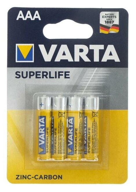Батарейка солевая Varta SuperLife, AAA, R03-4BL, 1.5В, блистер, 4 шт.