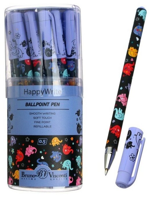 BrunoVisconti Ручка шариковая HappyWrite "Разноцветные слоники", узел 0.5 мм, синие чернила, матовый корпус Silk Touch