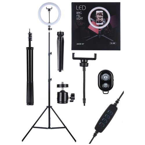 Кольцевая лампа 26 см LED Ring Fill Light SL-26Е с пультом брелок Bluetooth и 2-мя штативами настольным и напольным 70-190см и держателем для телефона Для визажиста блогера и косметолога 177100₽