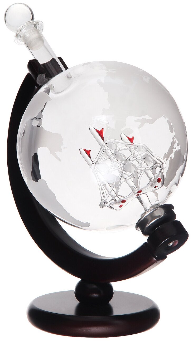 фото Подарочный декантер для вина и виски Everblooming графин Глобус с Кораблем внутри на подставке из дерева, стекло, 1 л