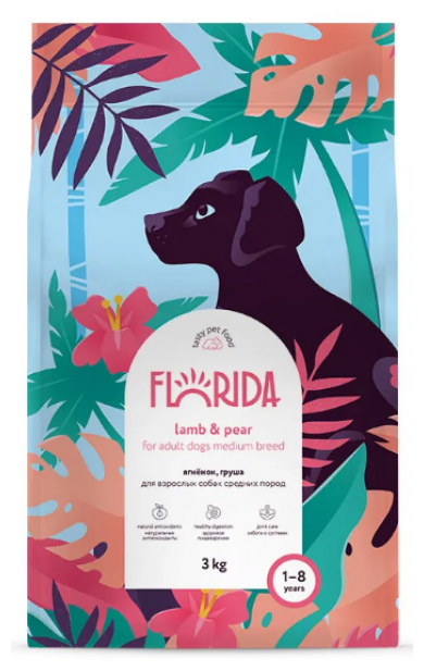 FLORIDA Сухой корм для взрослых собак средних пород с ягненком и грушей, 3 кг