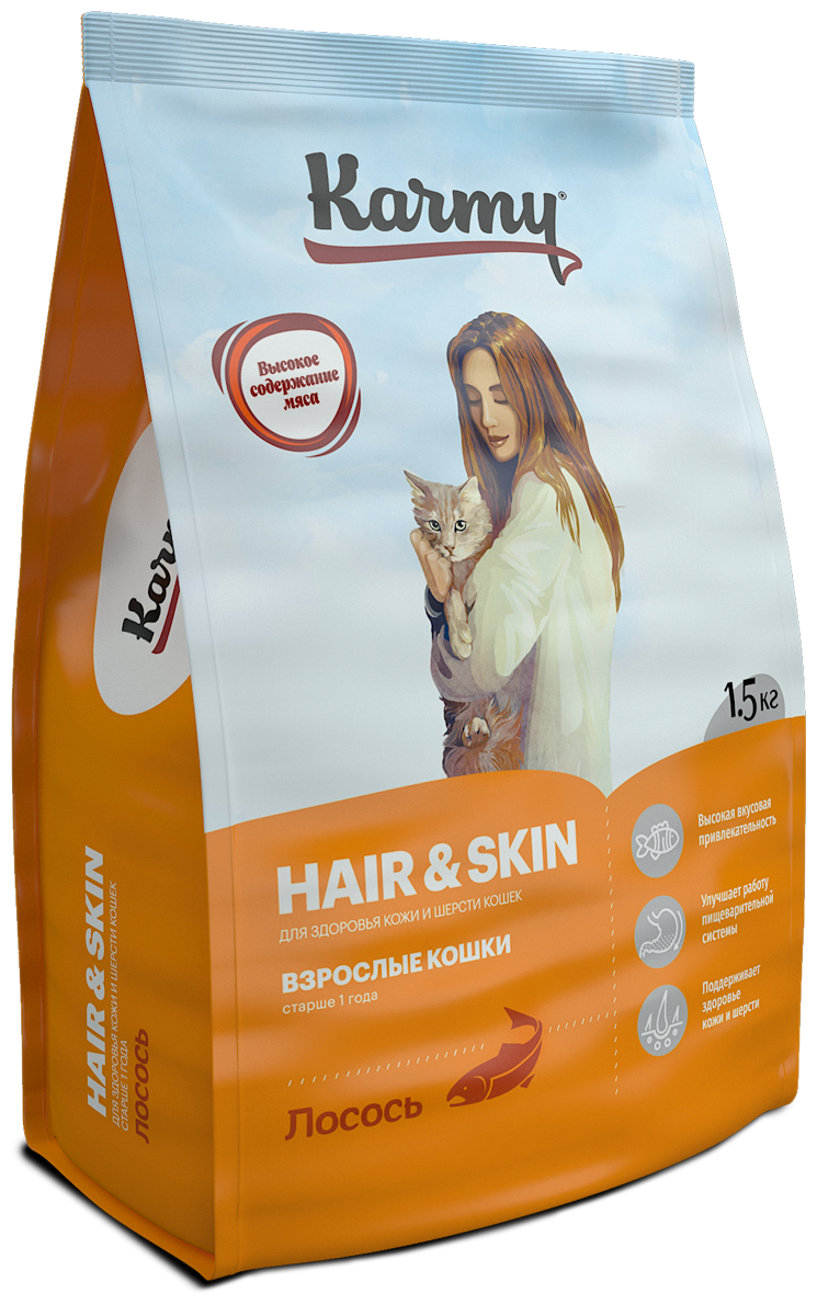 Сухой корм KARMY Hair & skin для кошек, поддерживающий здоровье кожи и шерсти Лосось 1,5кг