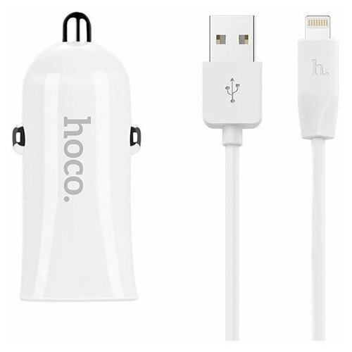 Автомобильное зарядное устройство HOCO Z12 Elite, 2*USB + Кабель USB-Lightning, 2.4A, белый