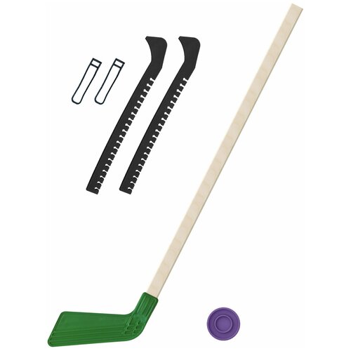 фото Набор зимний: клюшка хоккейная зелёная 80 см.+шайба + чехлы для коньков черные, задира-плюс