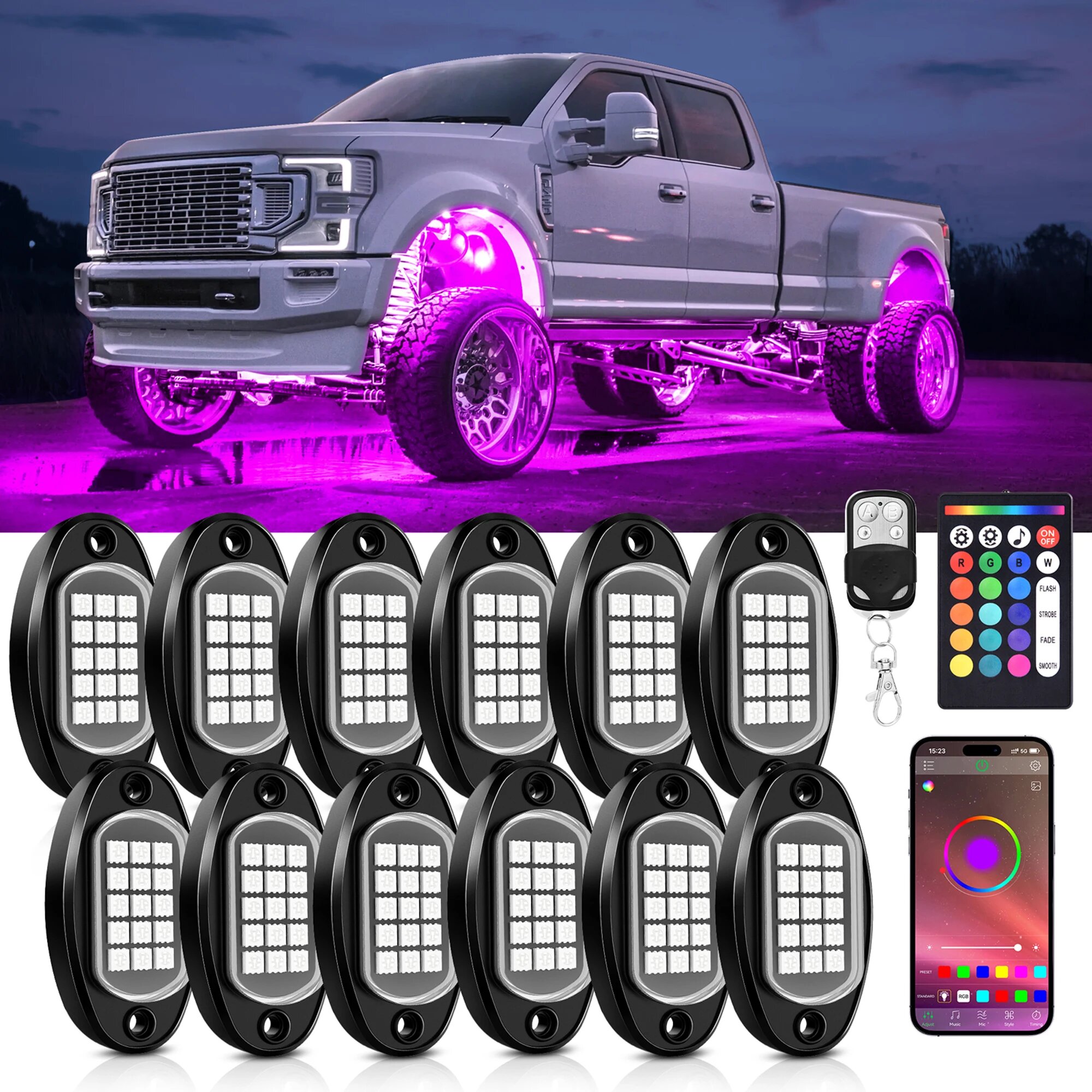 Светодиодные Rock Lights для авто, 12 pods, RGB, пульт/App