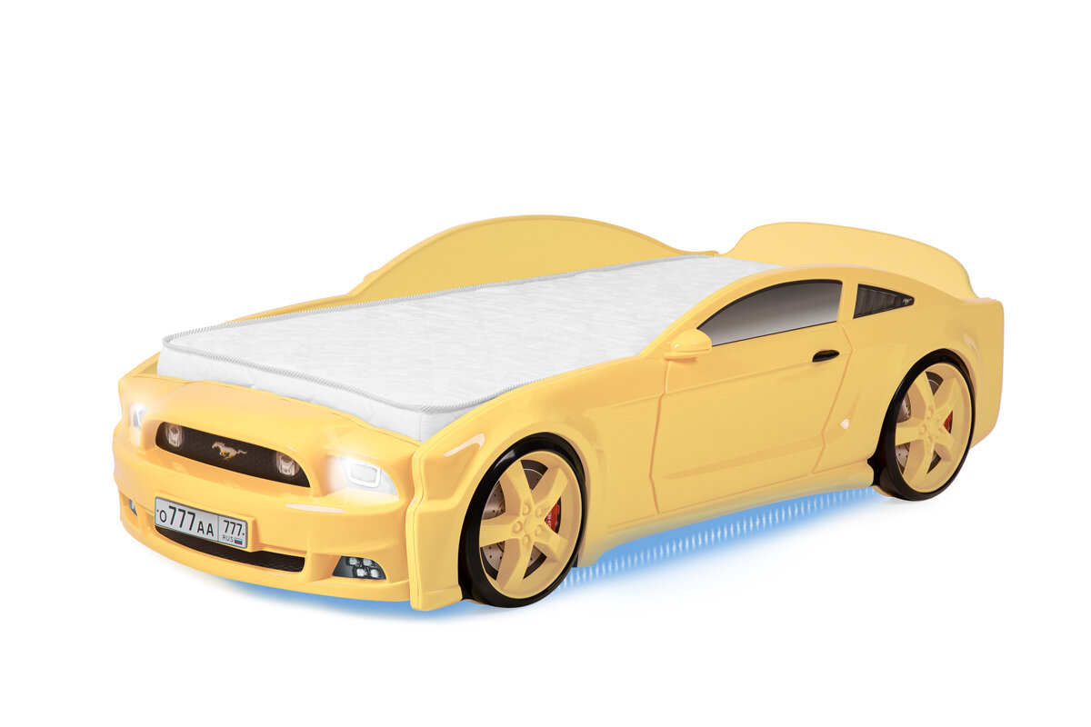 Кровать-машина детская Мустанг 3D, цвет желтый, с подсветкой дна с подсветкой фар
