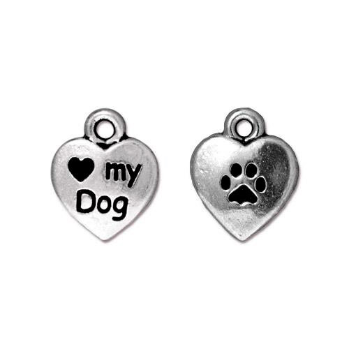 Подвеска, 13х10мм, TierraCast, сердце love my dog, базовый материал - оловянный сплав, посеребренное с чернением, 2 шт.