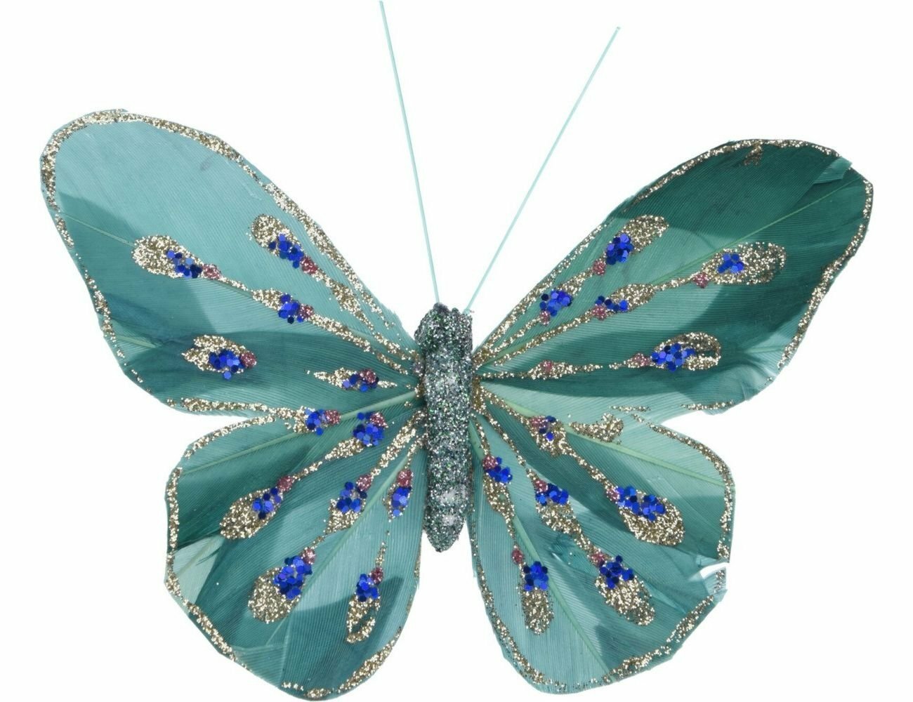 Елочные украшения бабочки - павлиньи искорки на клипсе, перо, зеленые, 12.5 см, 2 шт, Koopman International HC4503550-2