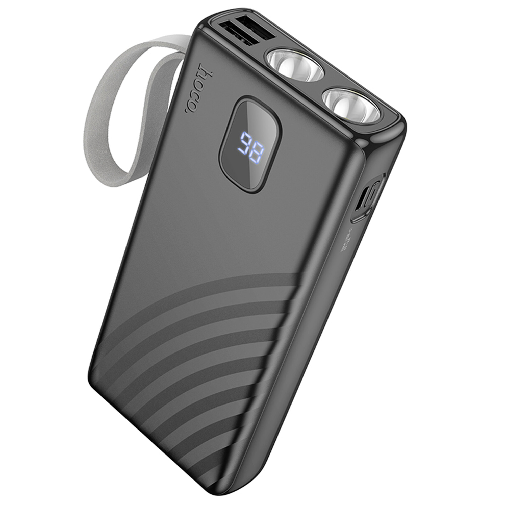 Универсальный Доп. Аккумулятор 20000mAh, J129A, HOCO, выход: 2 USB (5V/2A), фонарик, черный
