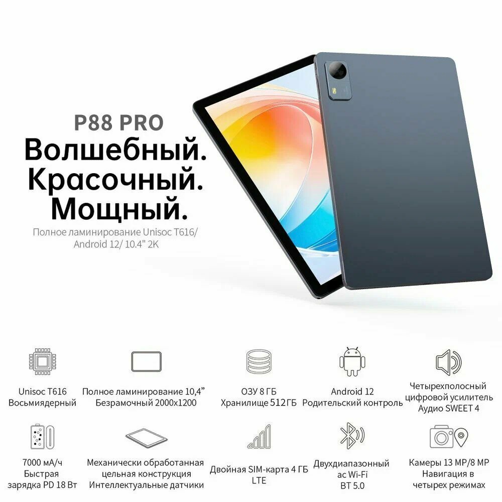 Планшет Android 12 10.36' 12/512GB, 2000x1200, LTE, серый — фото 1