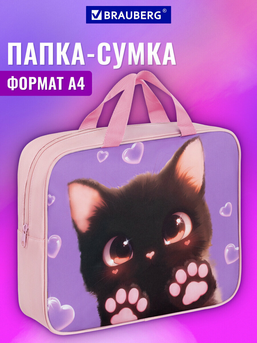 Папка сумка для тетрадей, труда, рисования и изо А4 для девочки на молнии с ручками, канцелярия для школы, 1 отделение, полиэстер, Brauberg, 273300