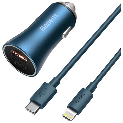 Автомобильное зарядное устройство BASEUS Golden Contactor Pro Dual, USB+USB-C + Кабель Type-C-Lightning, 3A, синий (TZCCJD-03)