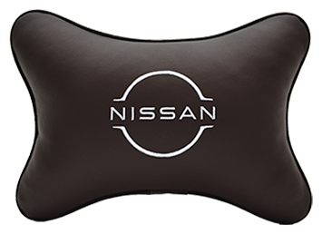 Автомобильная подушка на подголовник экокожа Coffee с логотипом автомобиля NISSAN (new)