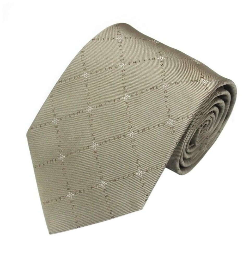 Итальянский галстук в серо-бежевых оттенках с надписями бренда Celine 820428 