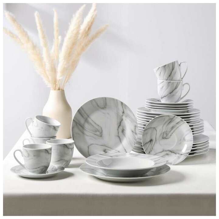 фото Доляна Набор керамической посуды Доляна «Мрамор», 24 предмета: тарелки d=19/21/24 см, чайная пара 200 мл, цвет серый