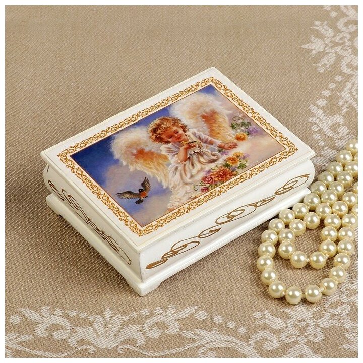 Шкатулка «Ангелок с птичками», белая, 8×10,5 см, лаковая миниатюра 3696451