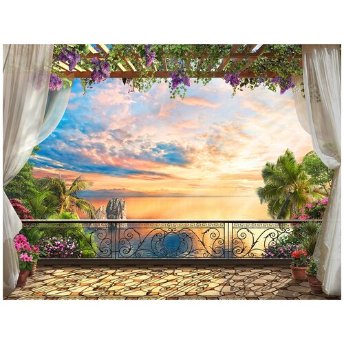 Фотообои Уютная стена Цветущий балкон с видом на океан 360х270 см Виниловые Бесшовные (единым полотном)
