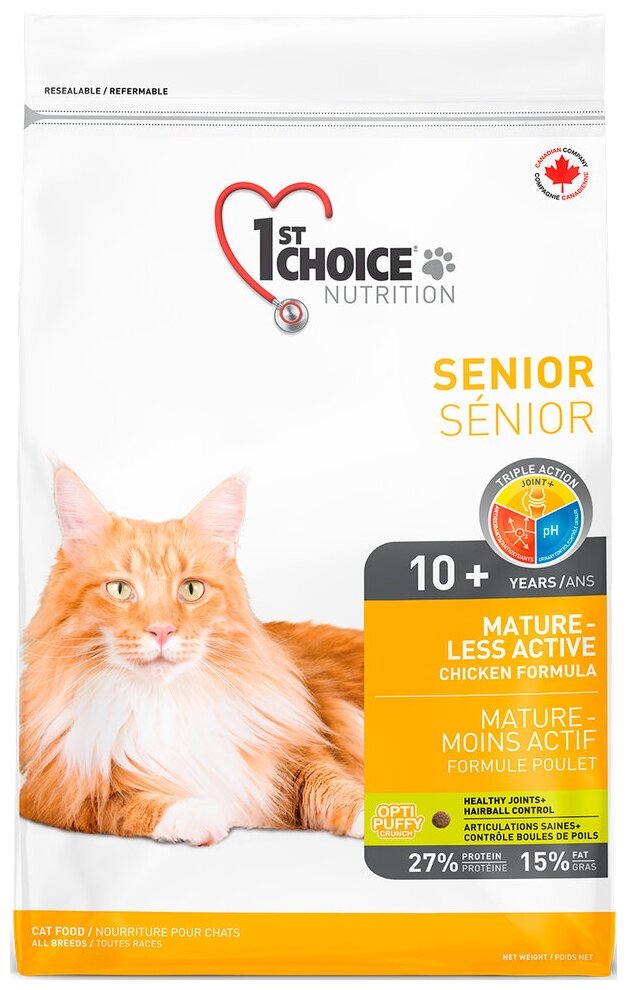 Корм 1st Choice Senior 10+ Mature or Less Active для кошек старше 10 лет или малоактивных кошек, с курицей, 2.72 кг