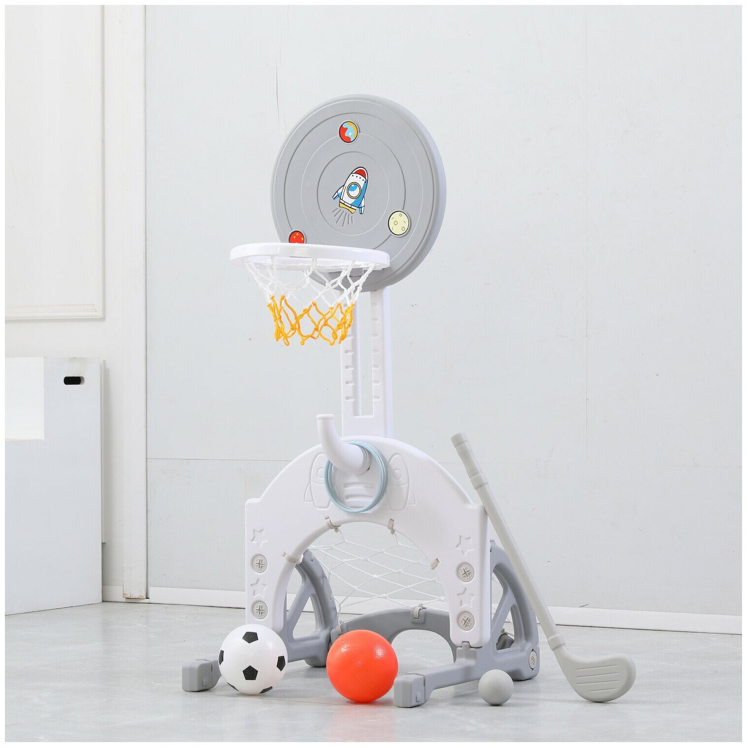 фото Игровой комплекс 3 в 1 UNIX Kids Space Grey, хоккейные ворота, футбольные ворота, баскетбольная стойка, для дома и улицы, серый/белый
