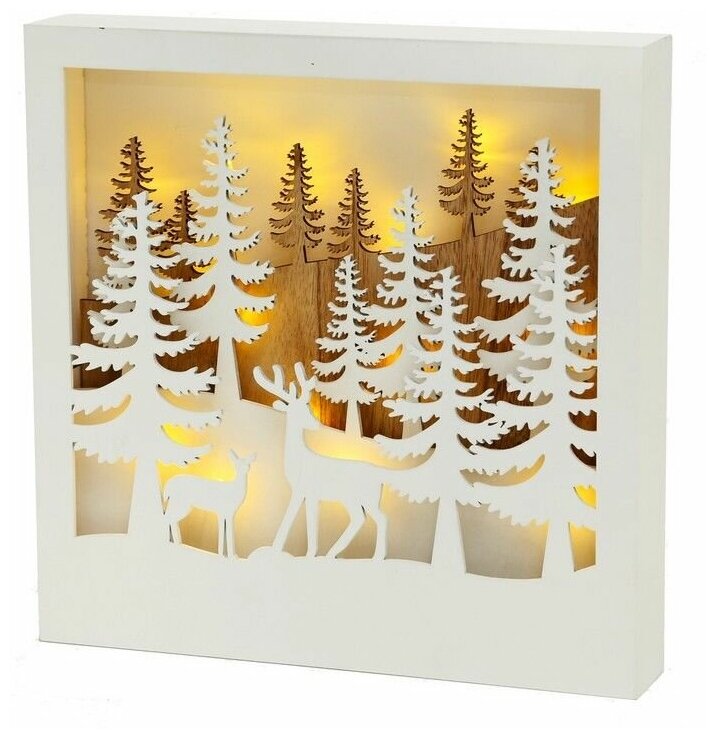 Светящаяся декорация олени среди ёлочек - олень С оленёнком, дерево, белый, 15 тёплых белых LED-огней, 30х5х30 см, батарейки, Boltze 1018316-олень