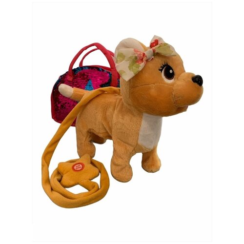 фото Интерактивная мягкая плюшевая игрушки для малышей и детей собачка в сумке с пайетками на мягком поводке ch toys