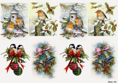 Изображение товара Рисовая бумага для декупажа А4 ультратонкая салфетка 1615 Новый Год птицы ёлочные шары колокольчики зима винтаж крафт Milotto