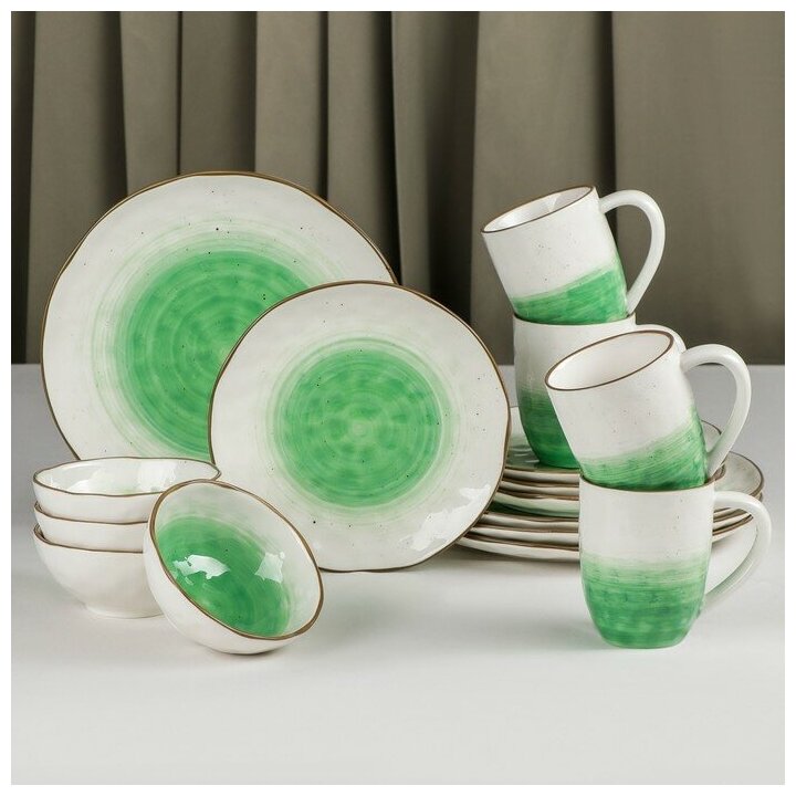 Набор столовой посуды из керамики Доляна "Космос. Ио", сервиз обеденный, 16 предметов, цвет зелёный